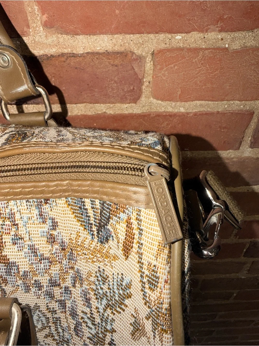 Jordache Floral Tapestry Satchel Handle Bag Shoulder Strap Olive Brown Trim